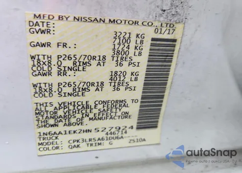 2017 Nissan Titan S z USA, uszkodzony, nr VIN 1N6AA1EK2HN527924